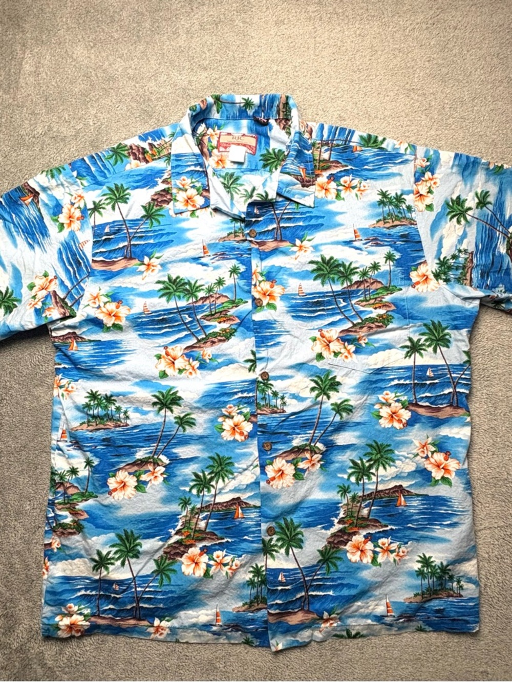VTG Men's Blue Tropical Print Short-Sleeve Button-Down Shirt